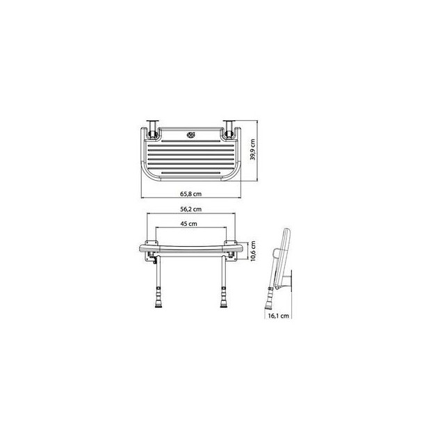 Mesures et schéma du tabouret de douche avec fixation mural xl fortissimo rabattable