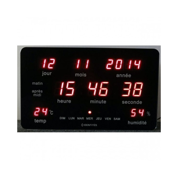 Horloge Calendrier Stimled caractères rouge sur fond noir date, mois, et année température humidité