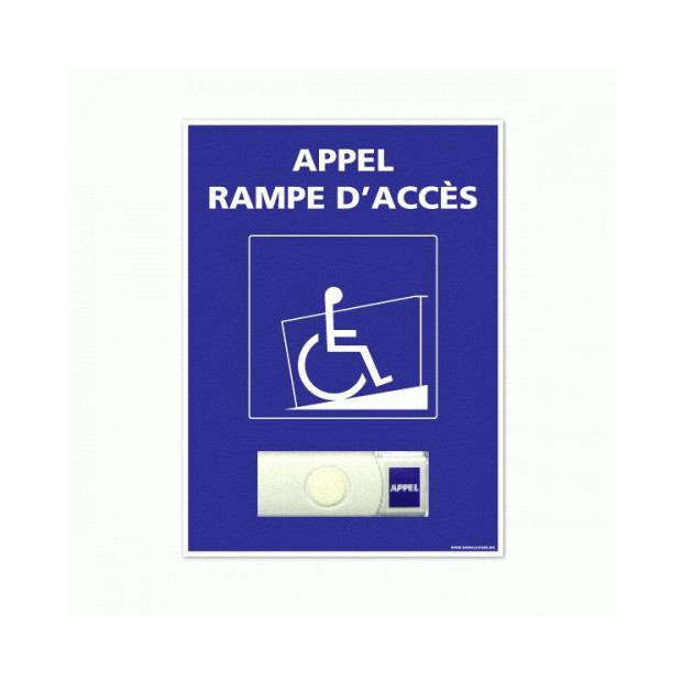 Sonnette d'appel sans-fil pour Rampe d'accès amovible  avec une plaque PVC de signalisation bleu