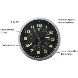 Horloge Radio Pilotée Phosphorescente avec grand chiffre et chiffre pour les minutes