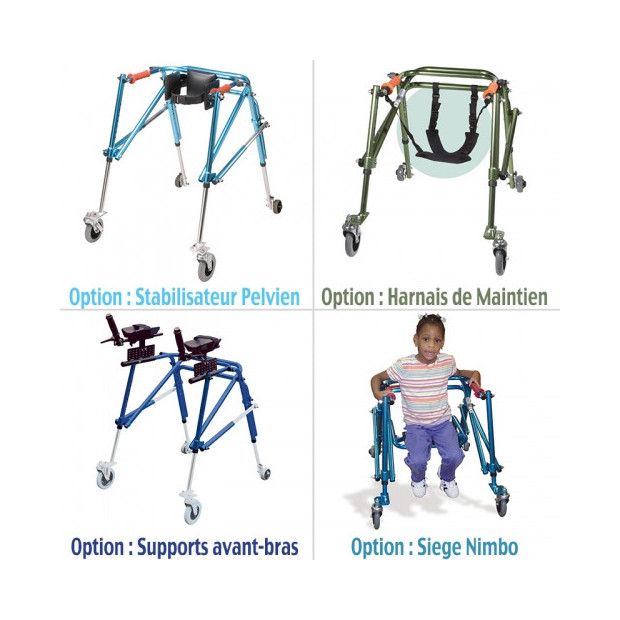 Déambulateur Enfant Nimbo option harnais de maintien, support avant bras, siège, stabilisateur pelvien