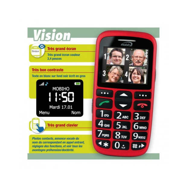 Téléphone Mobiho rouge pour malvoyant  grand clavier, grand écran couleur avec un grand contraste