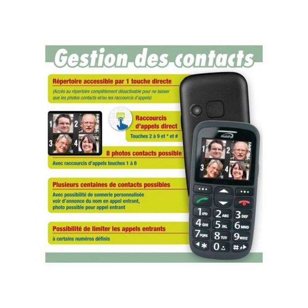 Téléphone Portable 8 Photo Contact avec 1 touche attribuée sonnerie personnalisé avec annonce nom