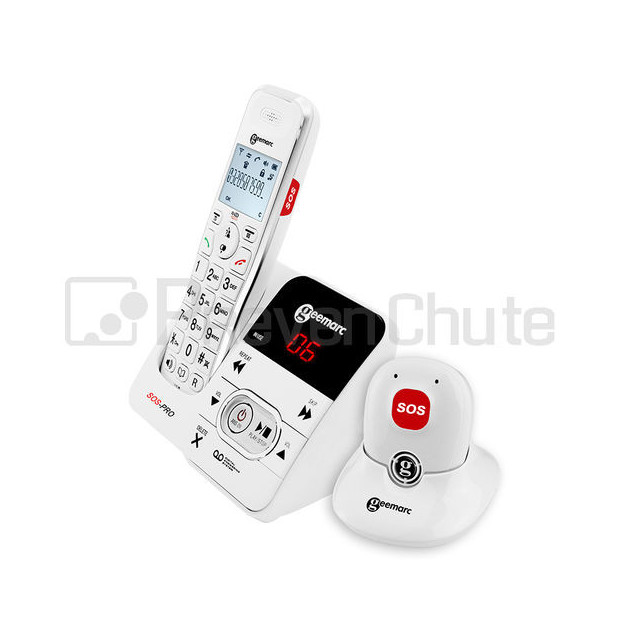 Téléphone Sans-Fil SOS PRO Amplidect 295 avec médaillon d'alerte et socle indiquant le numéro du pendentif appelant