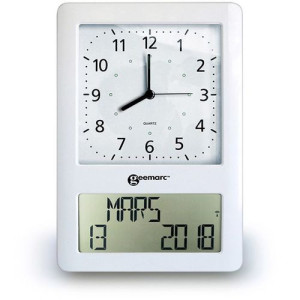 Horloge Calendrier Murale Viso 50 Geemarc rectangle blanc avec caractères en noir avec jour, date mois, moment du jour