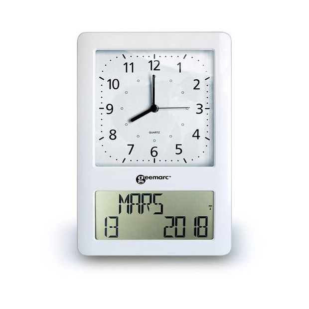 Horloge Calendrier Murale Viso 50 Geemarc rectangle blanc avec caractères en noir avec jour, date mois, moment du jour