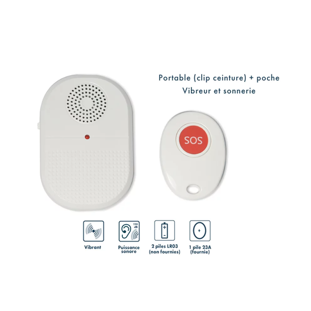 pendentif d'alerte SOS et récepteur sonore et/ou vibreur pour prévenir un aidant