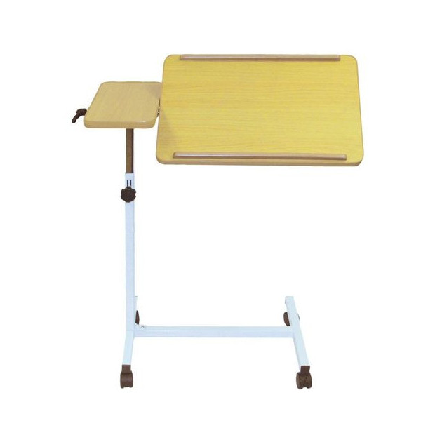 Table de lit roulante double plateau pivotant en bois tablette latérale fixe