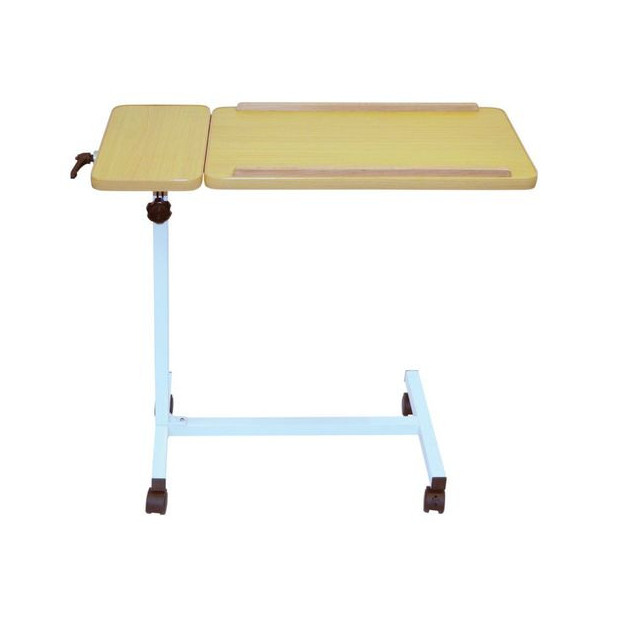 Table de lit roulante double plateau en bois avec hauteur réglable et rebords antiglisse