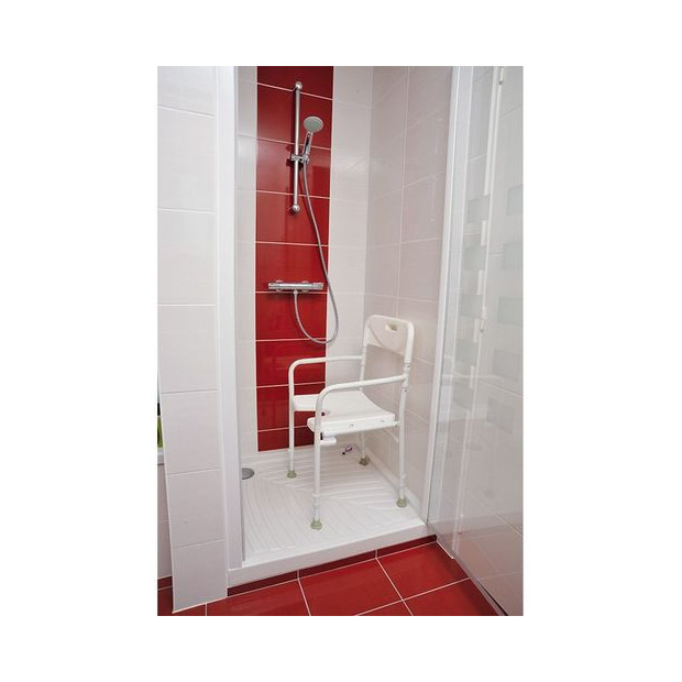 siège blanc de douche pliable assise anatomique perforée dossier et accoudoirs