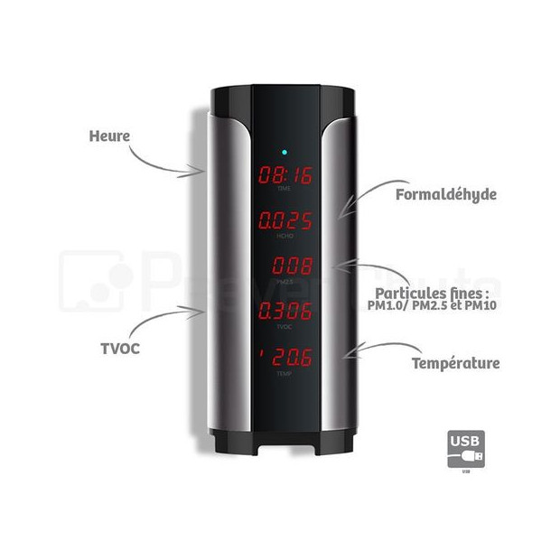 Appareil de Mesure de l'Air Tower avec heure température Formaldéhyde particules fines TVOC