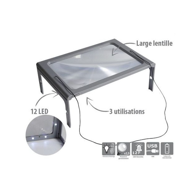 Loupe Lumineuse Grand Format Pieds fonction mains-libres et tour de cou