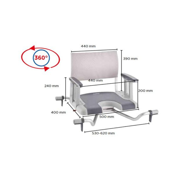 Mesures chaise pour baignoire pivotante à 360° Aquatec Sorrento Invacare