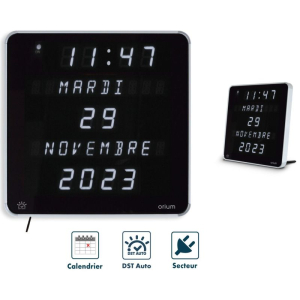 Horloge Calendrier Digitale Ephemeris avec branchement sur secteur contraste fond noir écriture grande en blanc