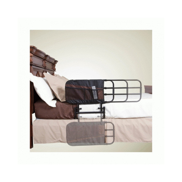 Barrière de lit auto-manoeuvrable avec housse de protection avec des poches permettant de ranger des objets