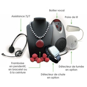 Téléassistance Pack Appartement contient un boitier vocal, un pendentif ou bracelet et une poire d'appel