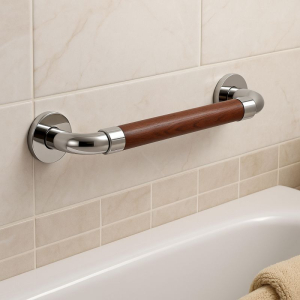 barre d'appui en bois massif dans la salle de bain