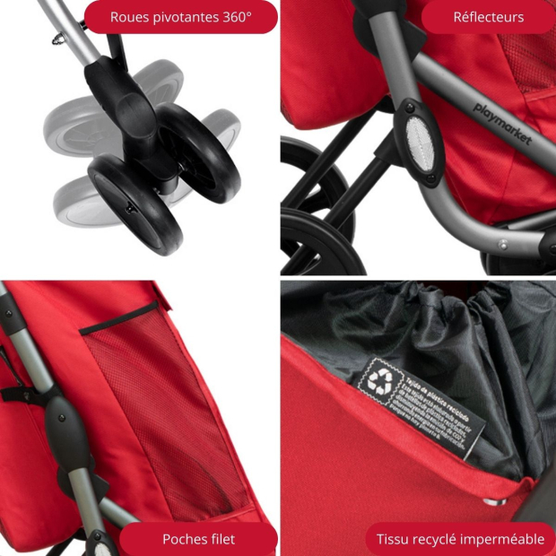 Roues pivotantes, pliage compact et clip de fermeture sur le chariot de course 4 roues Go Plus