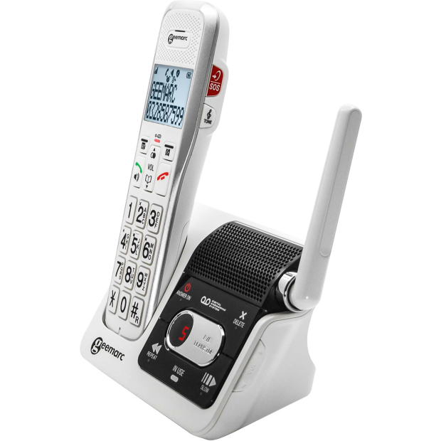 Téléphone Sans-Fil SOS PRO Amplidect 595 avec médaillon d'alerte et socle indiquant le numéro du pendentif appelant