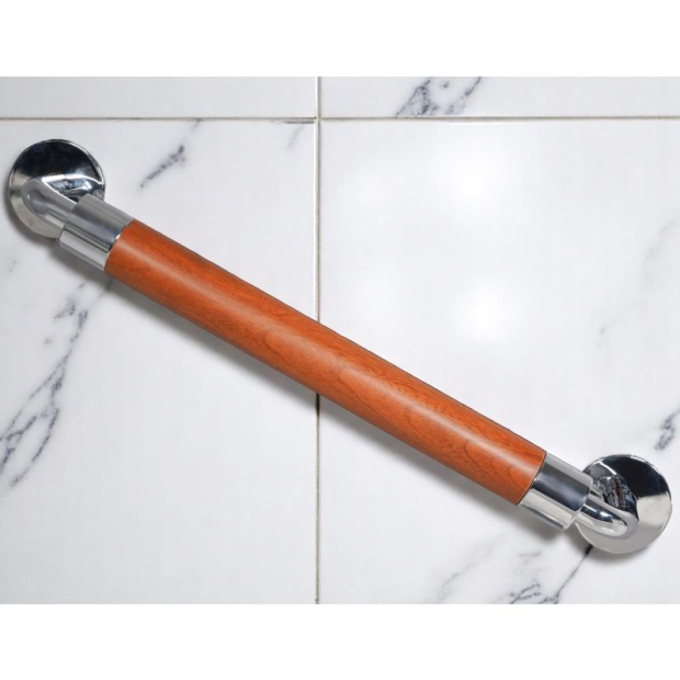 barre d'appui en bois et inox pour la salle de bain