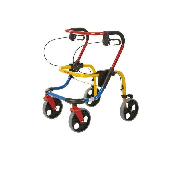 Rollateur Enfant Foxy en aluminium, dispose de roues avant pivotantes