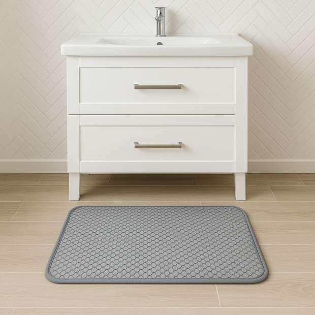 tapis de bain antidérapant devant un lavabo de salle de bain