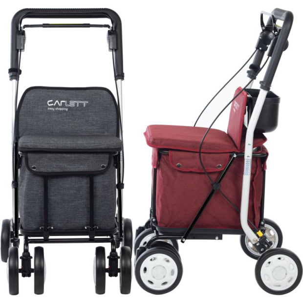 Rollator de course Carlett 800 Comfort avec assise rembourrée et freins en coloris Gris et Grenat
