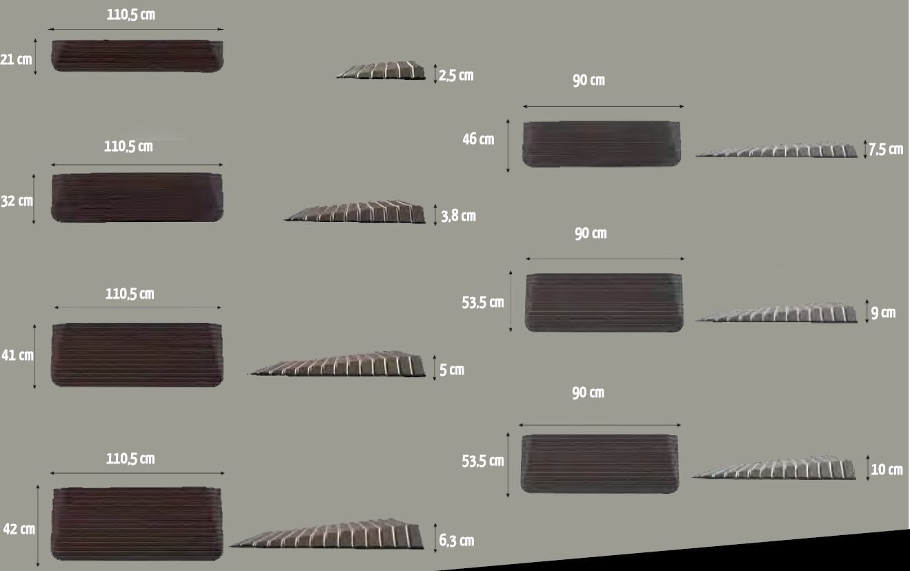 Rampe d'accès en caoutchouc noir - Largeur : 50 - 100 cm - Hauteur